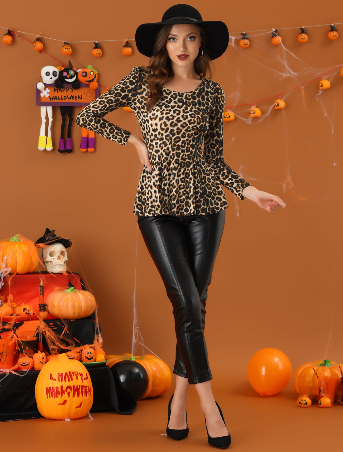 Women's Print Long Sleeve Ruffle Hem Scoop Neck Casual Peplum Top
