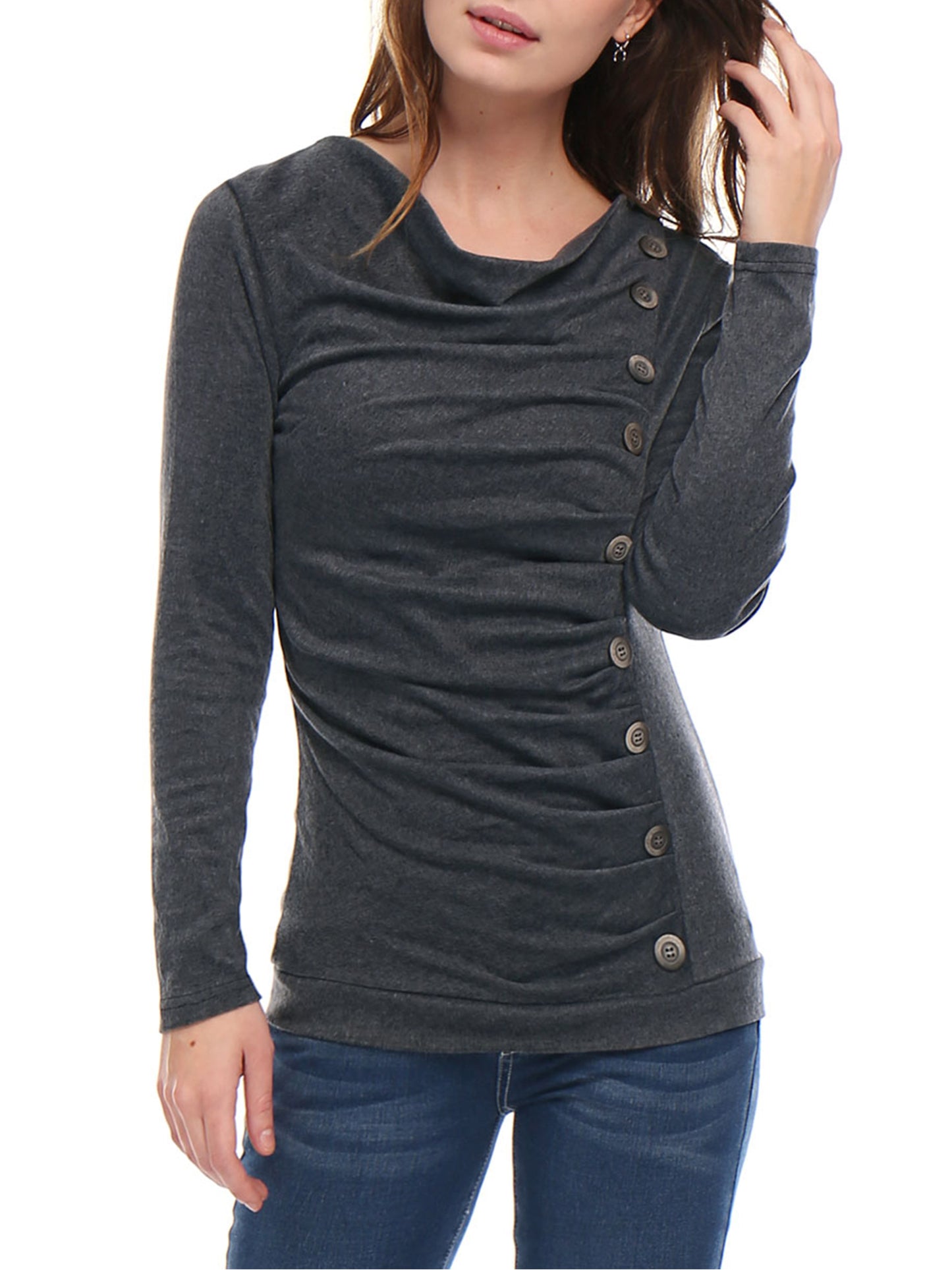 Women's Cowl Neck Long Sleeves Buttons Decor Ruched Top