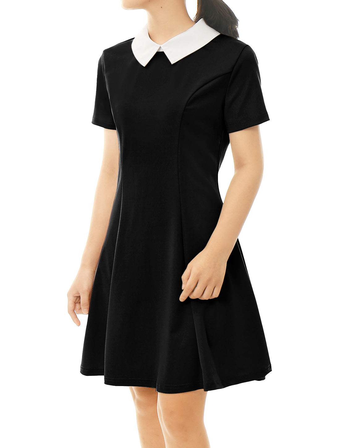 Women's Contrast Peter Pan Collar Short Sleeves Gothic Flare Dress (Available in Plus Size)