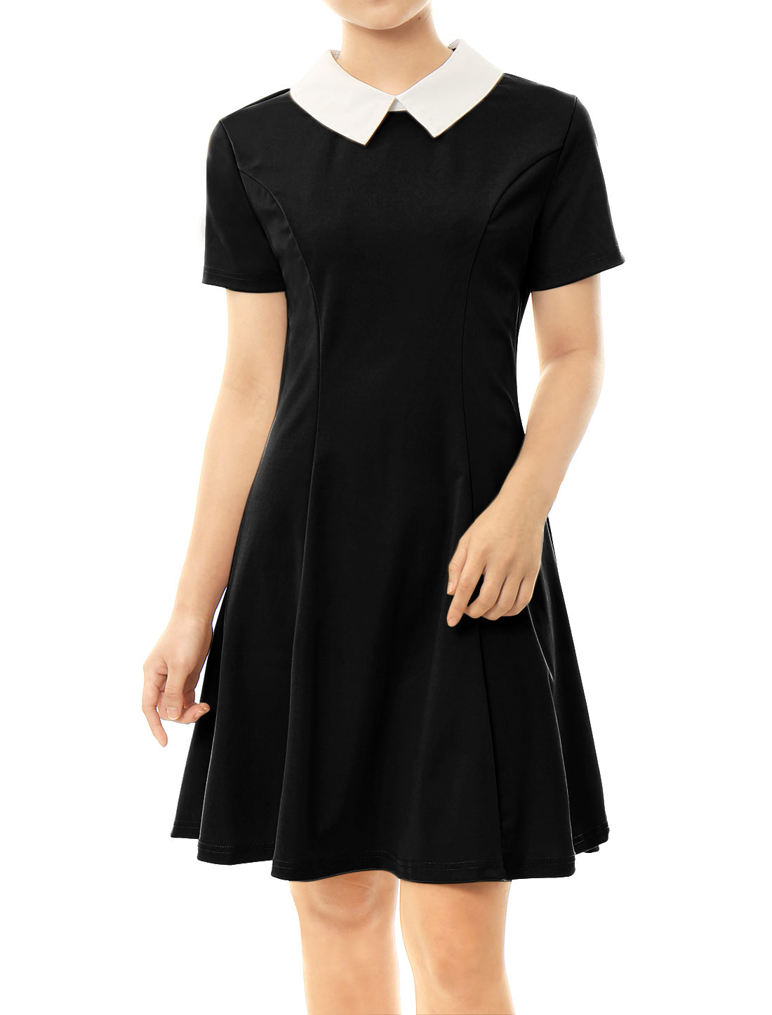 Women's Contrast Peter Pan Collar Short Sleeves Gothic Flare Dress (Available in Plus Size)