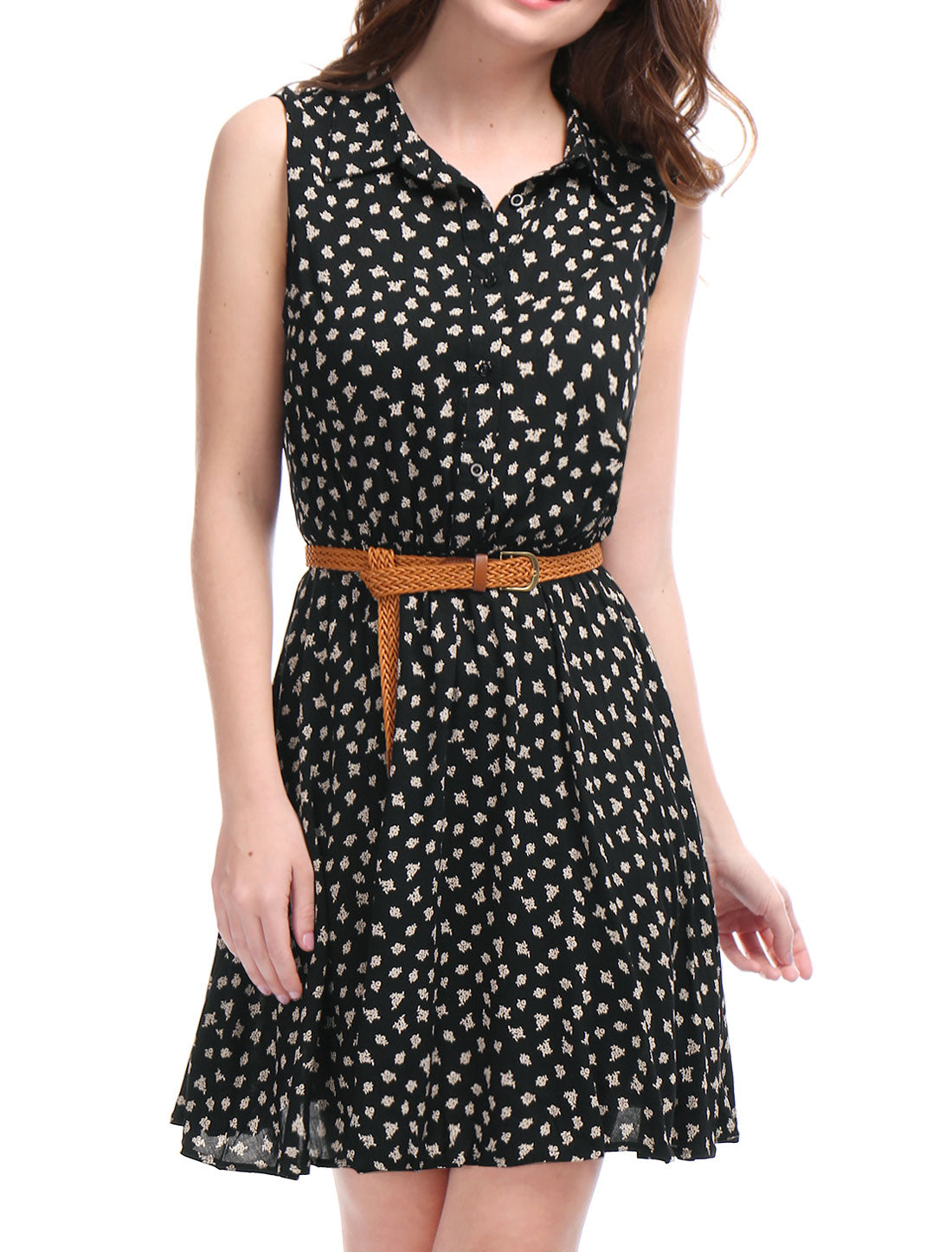Women's Floral Printed Half Placket Above Knee Summer Sleeveless Belted Dress