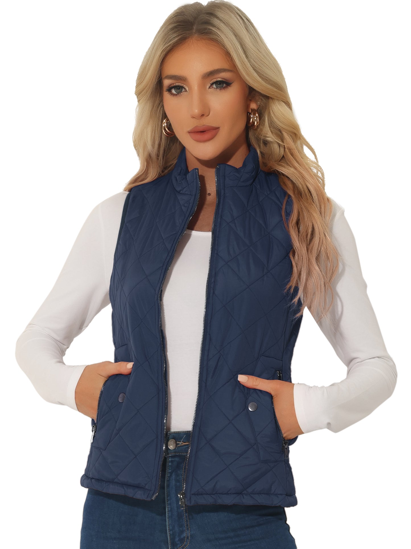 Woman Zip Up Front Stand Collar Slant Pockets Quilted Padded Vest (Available in Plus Size)