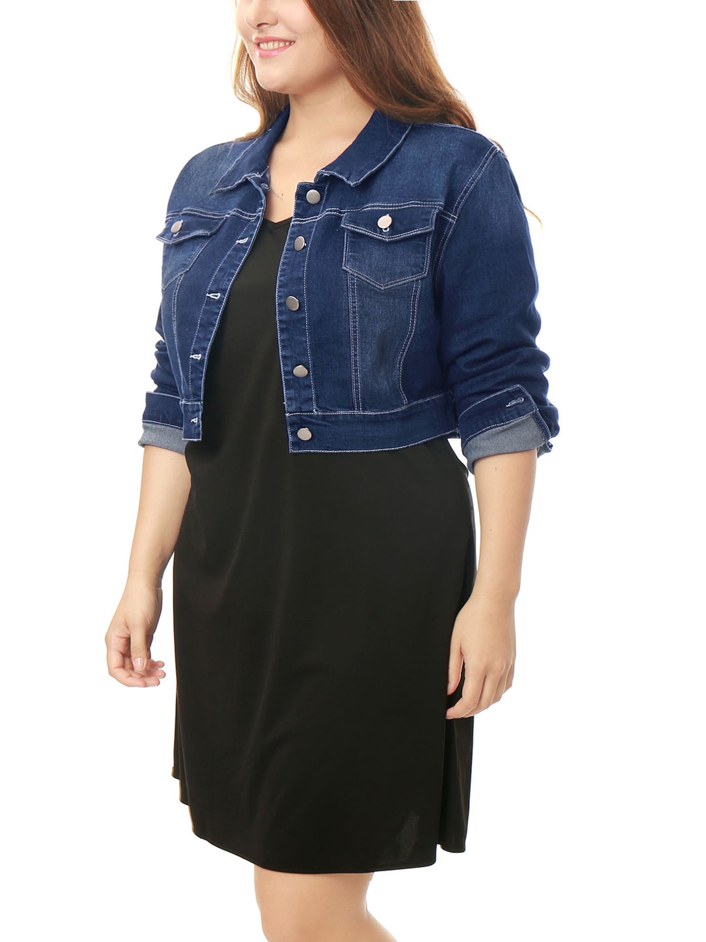 Women's Plus Size Button Closed Cropped Stitching Denim Jacket