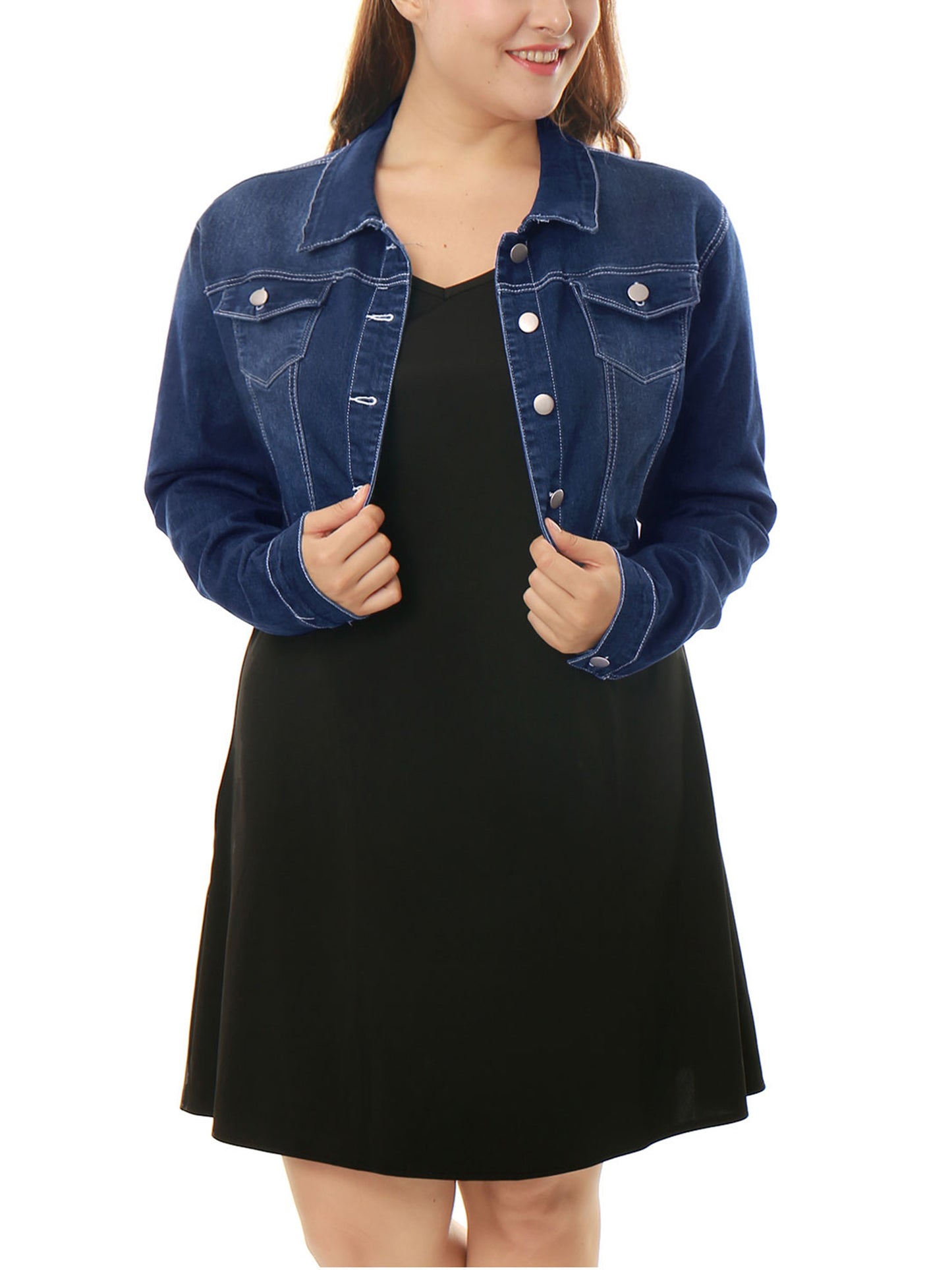 Women's Plus Size Button Closed Cropped Stitching Denim Jacket