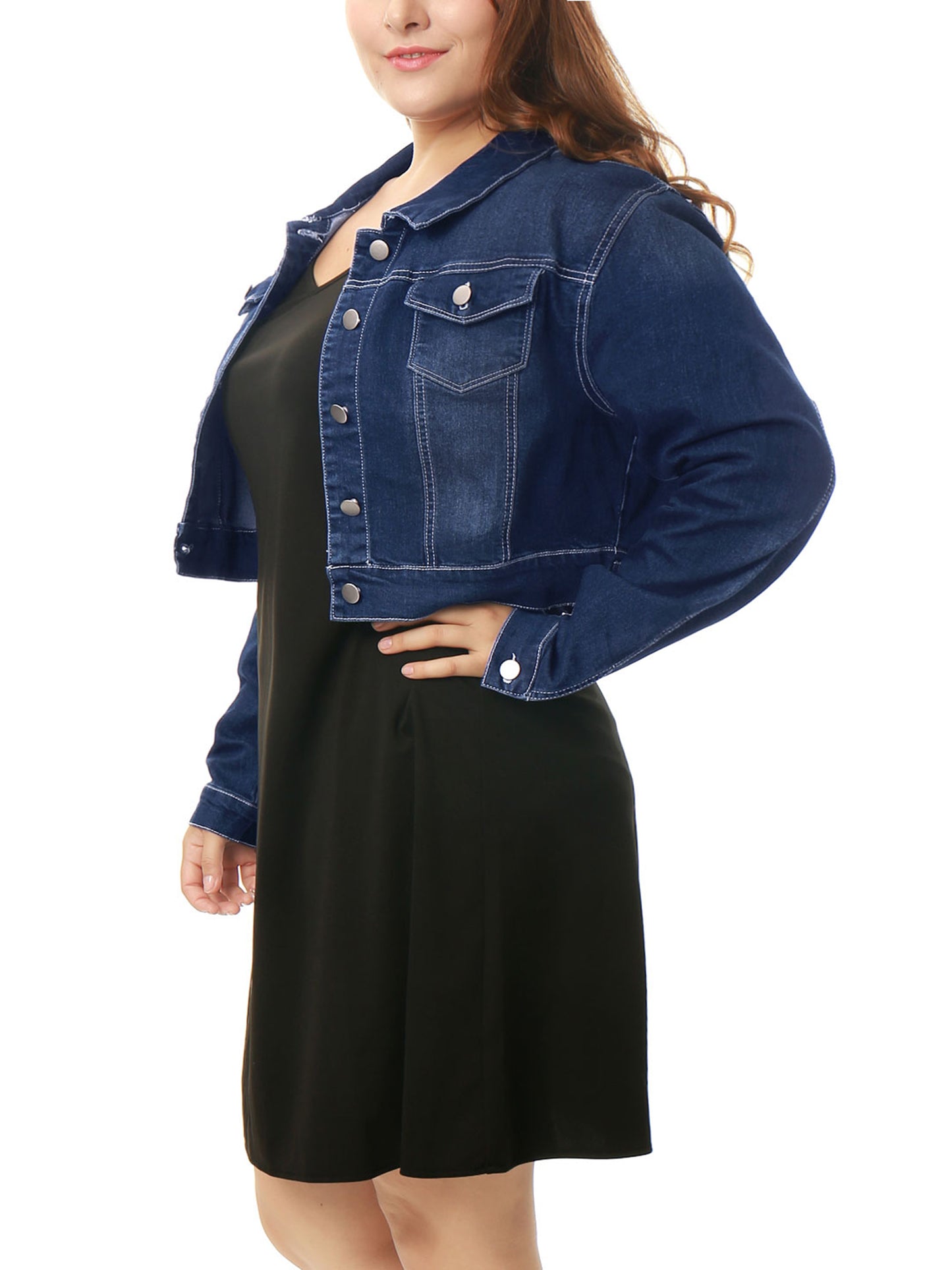 Women's Plus Size Button Closed Cropped Stitching Denim Jacket