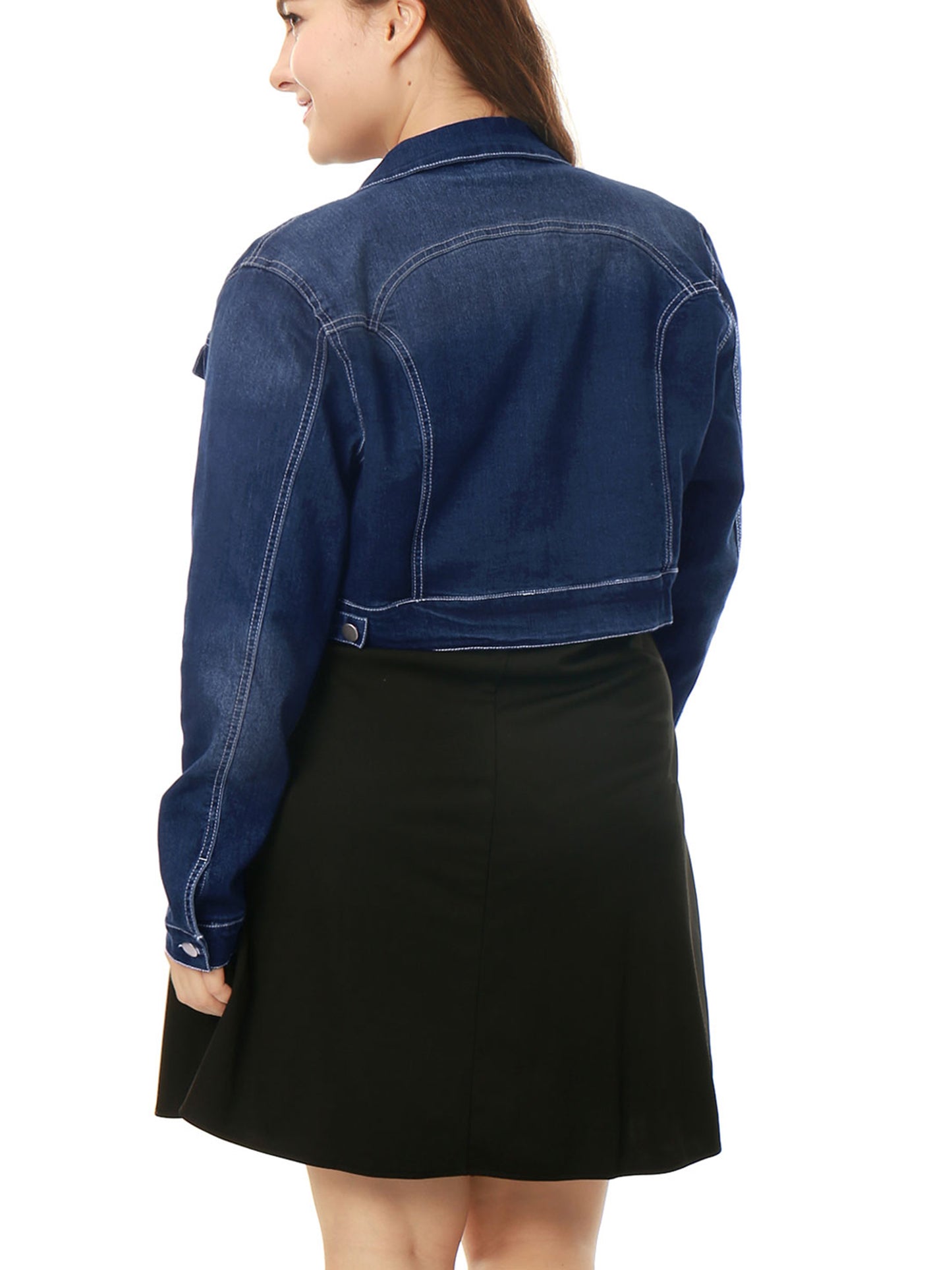 Women's Plus Size Button Closed Cropped Stitching Denim Jacket
