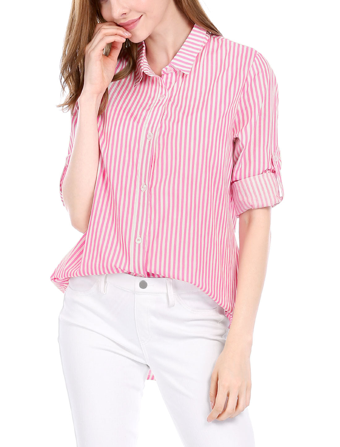Women's Striped Button Down Roll-Up Long Sleeves Point Collar Shirt (Available in Plus Size)