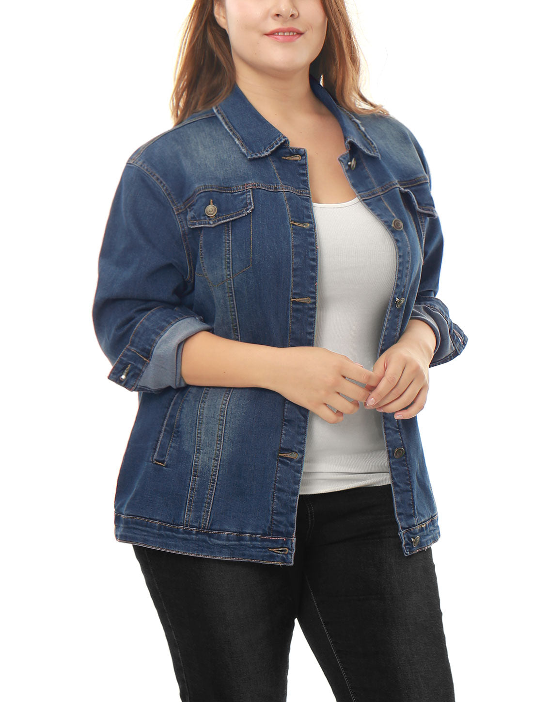 Women's Plus Size Jean Jacket Stitching Button Front Washed Denim Jacket