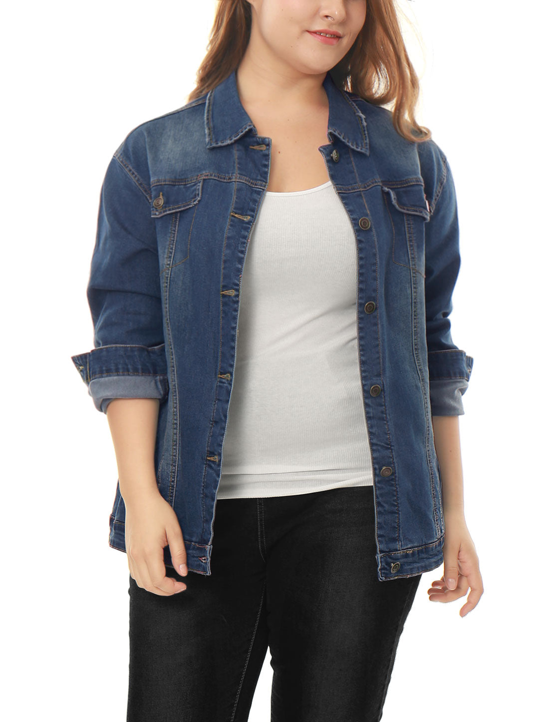 Women's Plus Size Jean Jacket Stitching Button Front Washed Denim Jacket