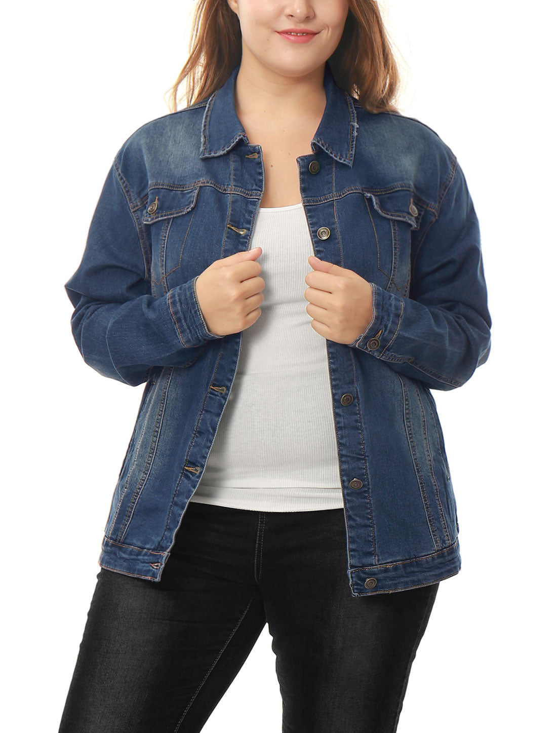 Women's Plus Size Jean Jacket Stitching Button Front Washed Denim Jacket