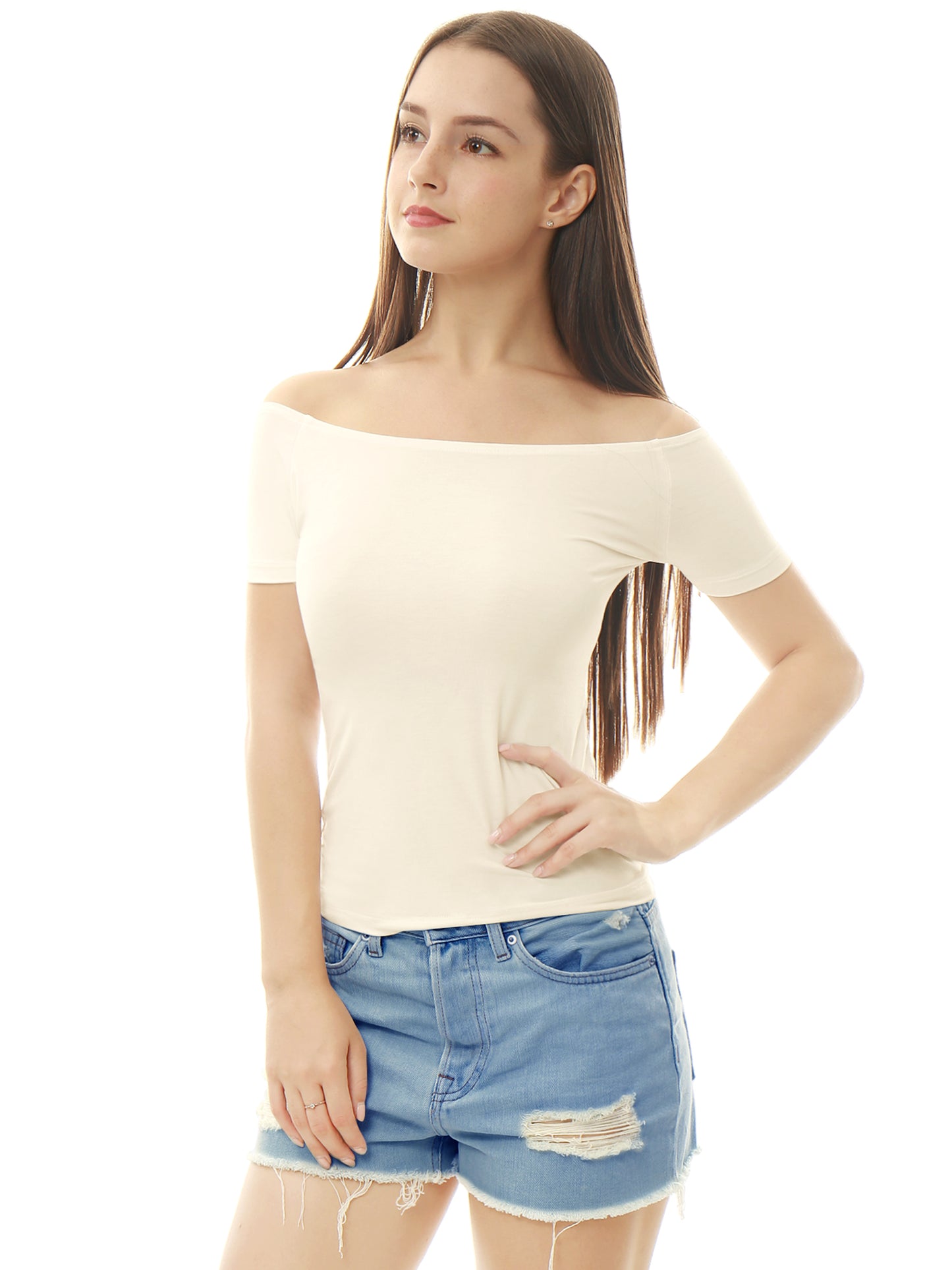 Women's Off Shoulder Top Short Sleeve Solid Basic Slim Fit Tees