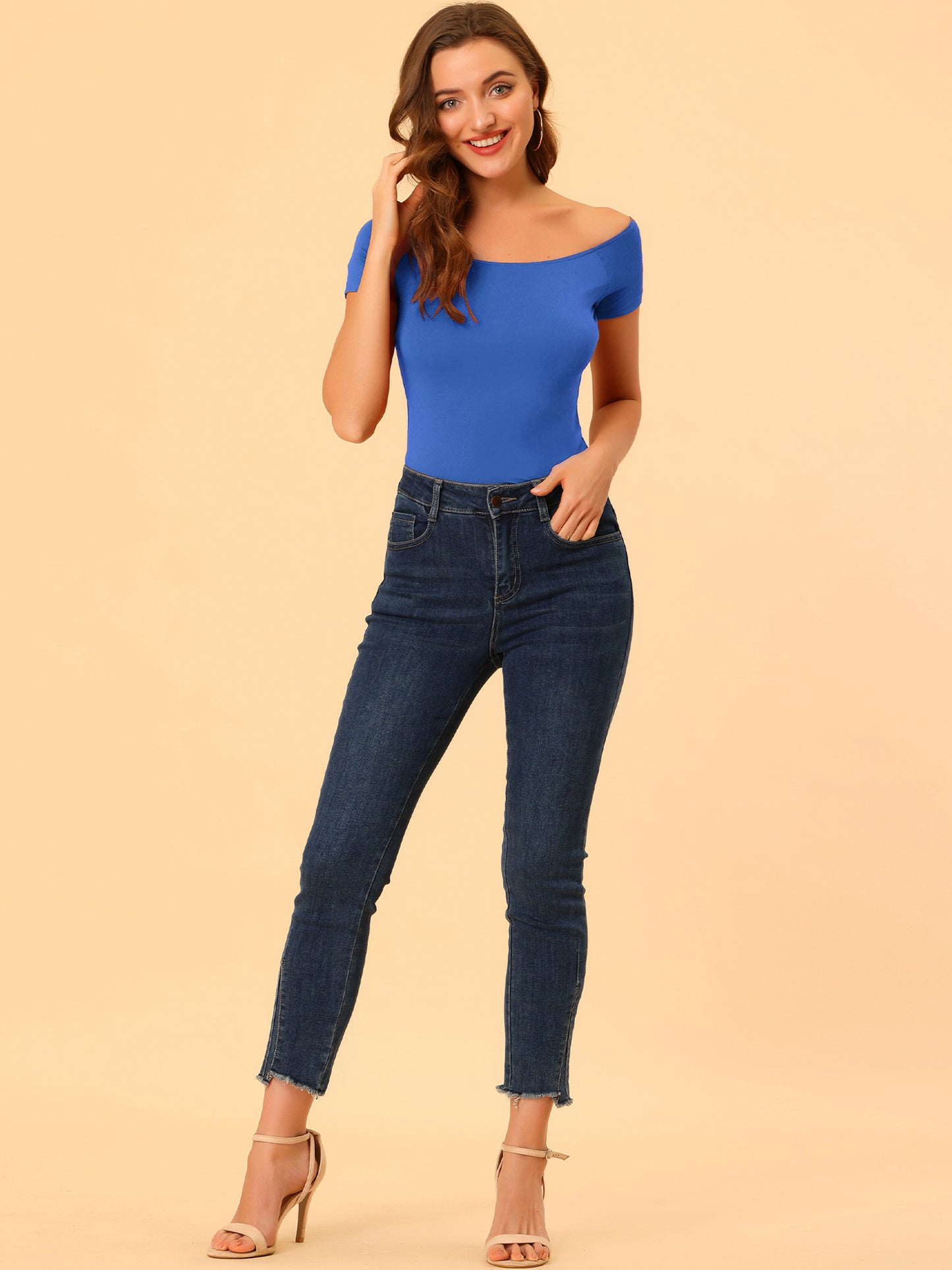 Women's Off Shoulder Top Short Sleeve Solid Basic Slim Fit Tees