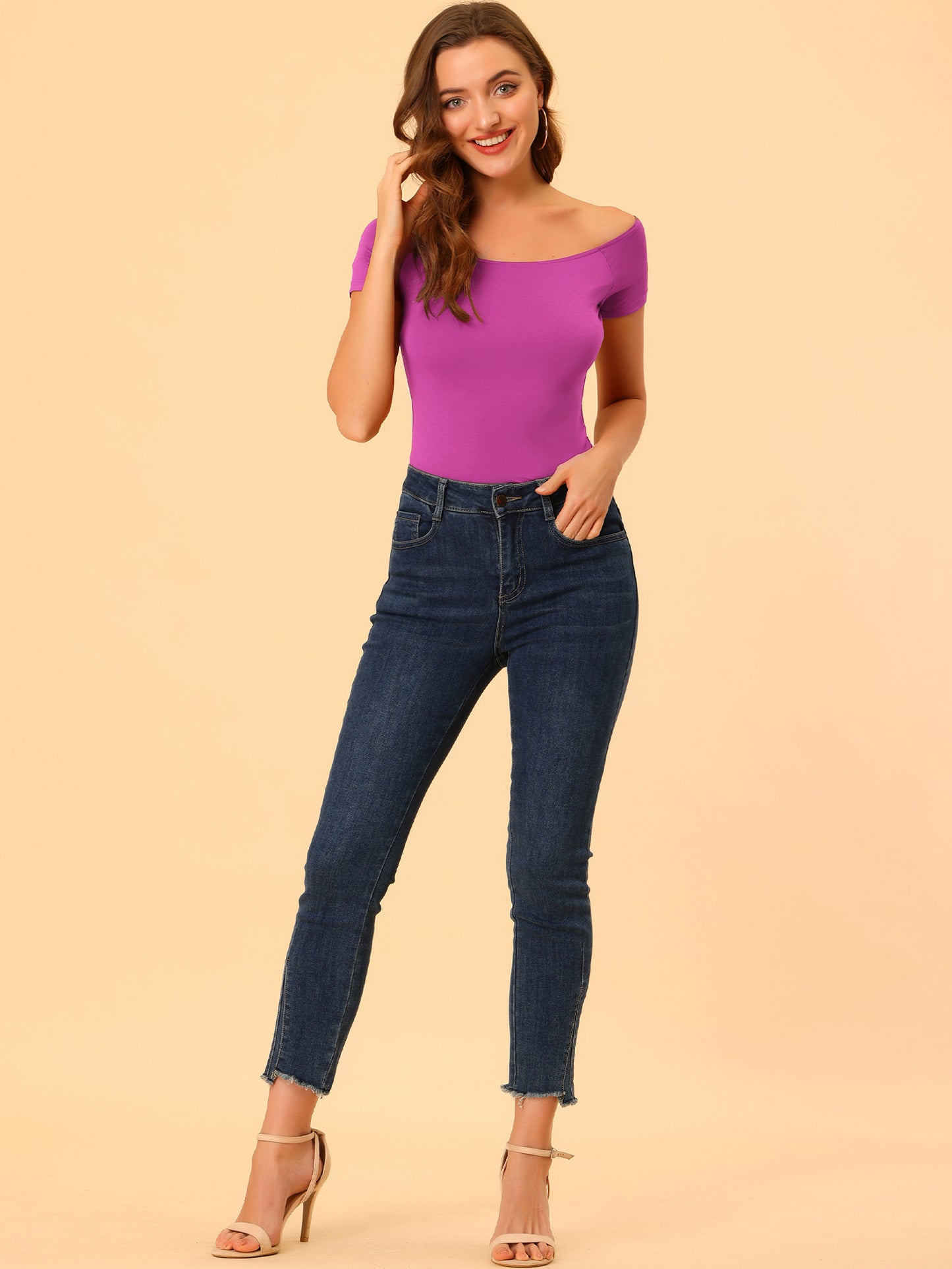 Women's Off Shoulder Top Short Sleeve Solid Basic Slim Fit Tees
