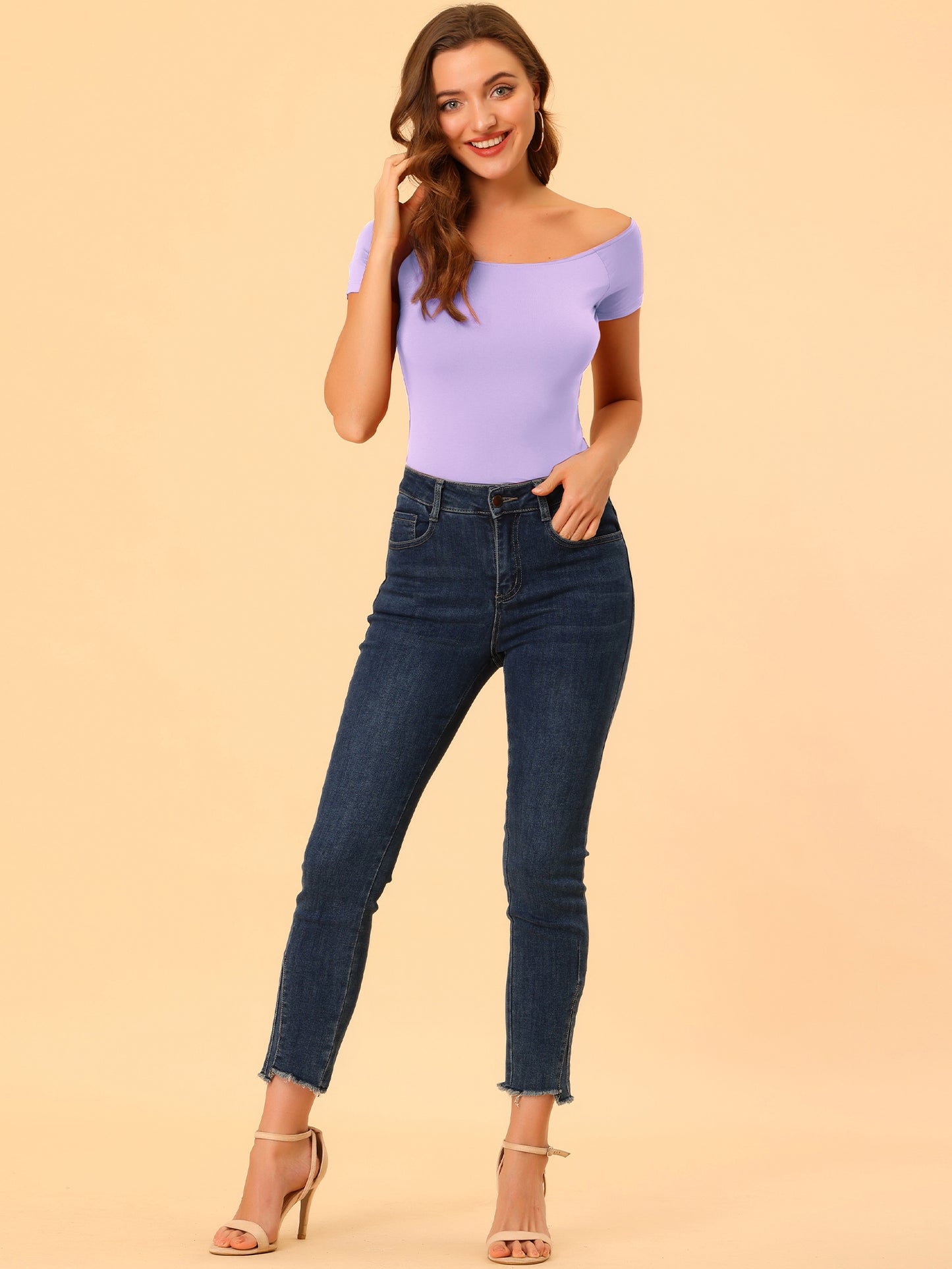 Women's Off Shoulder Top Short Sleeve Solid Basic Slim Fit Tees