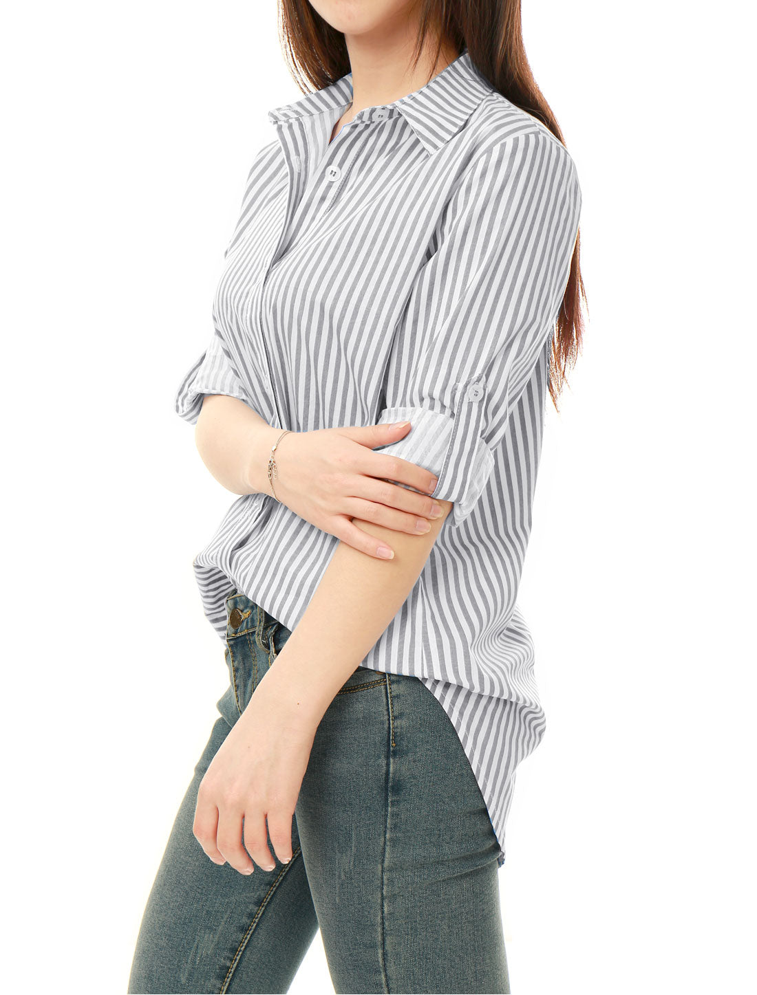 Women's Striped Button Down Roll-Up Long Sleeves Point Collar Shirt (Available in Plus Size)
