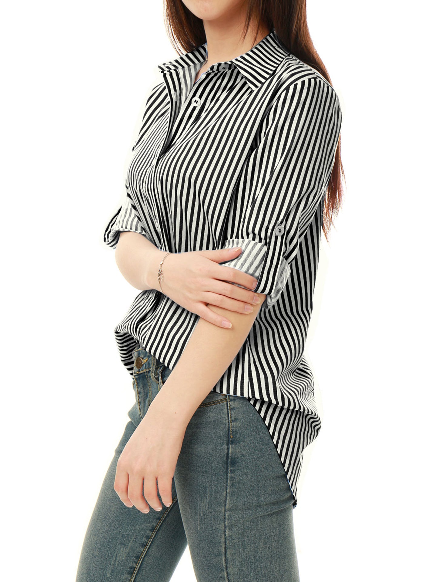 Women's Striped Button Down Roll-Up Long Sleeves Point Collar Shirt (Available in Plus Size)