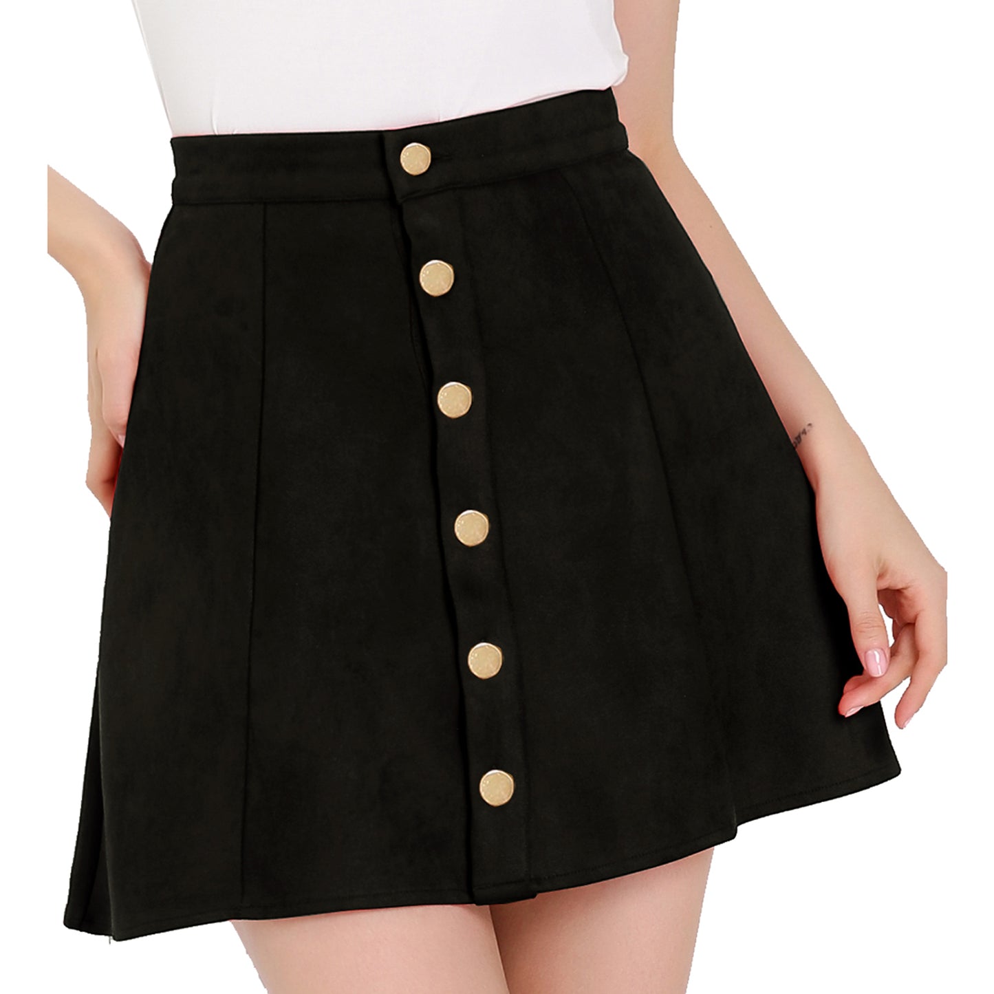Women's Faux Suede Button A-Line High Waisted Flared Mini Short Skirt