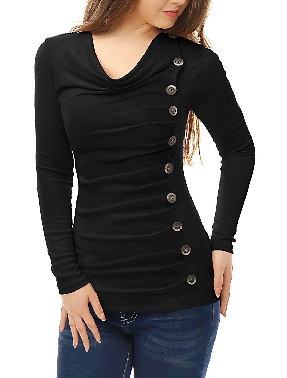 Women's Cowl Neck Long Sleeves Buttons Decor Ruched Top