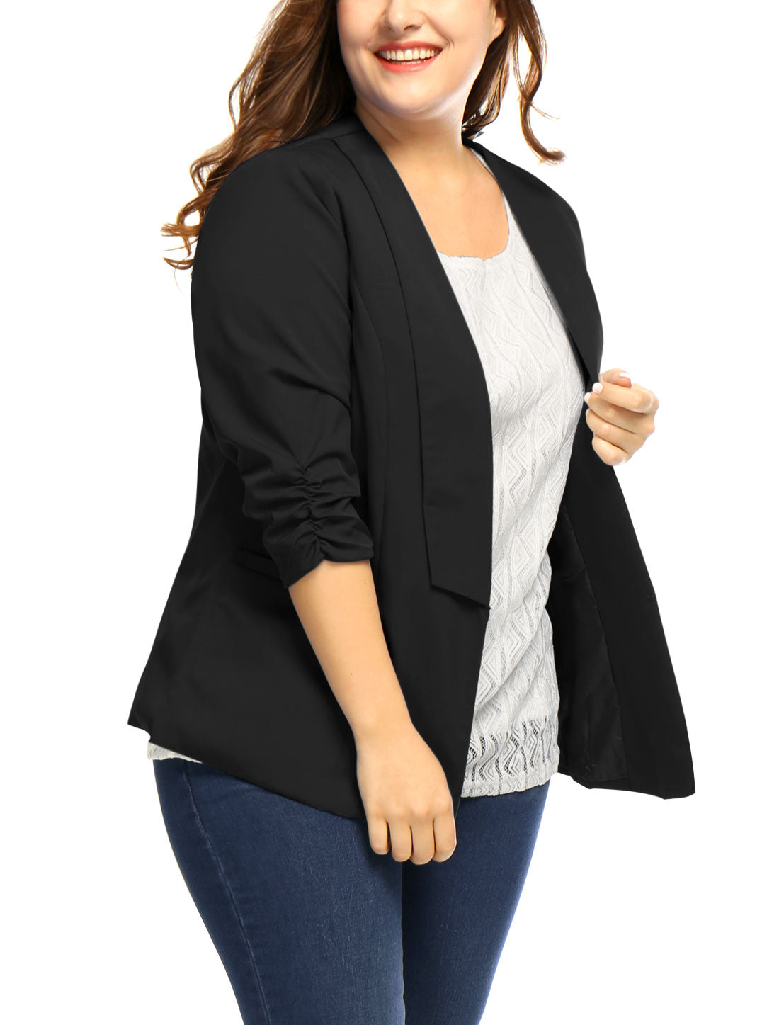 Women's Plus Size Shawl Collar Open Front 3/4 Ruched Sleeve Work Office Lightweight Blazer