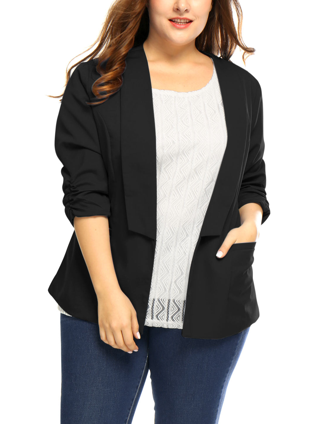 Women's Plus Size Shawl Collar Open Front 3/4 Ruched Sleeve Work Office Lightweight Blazer