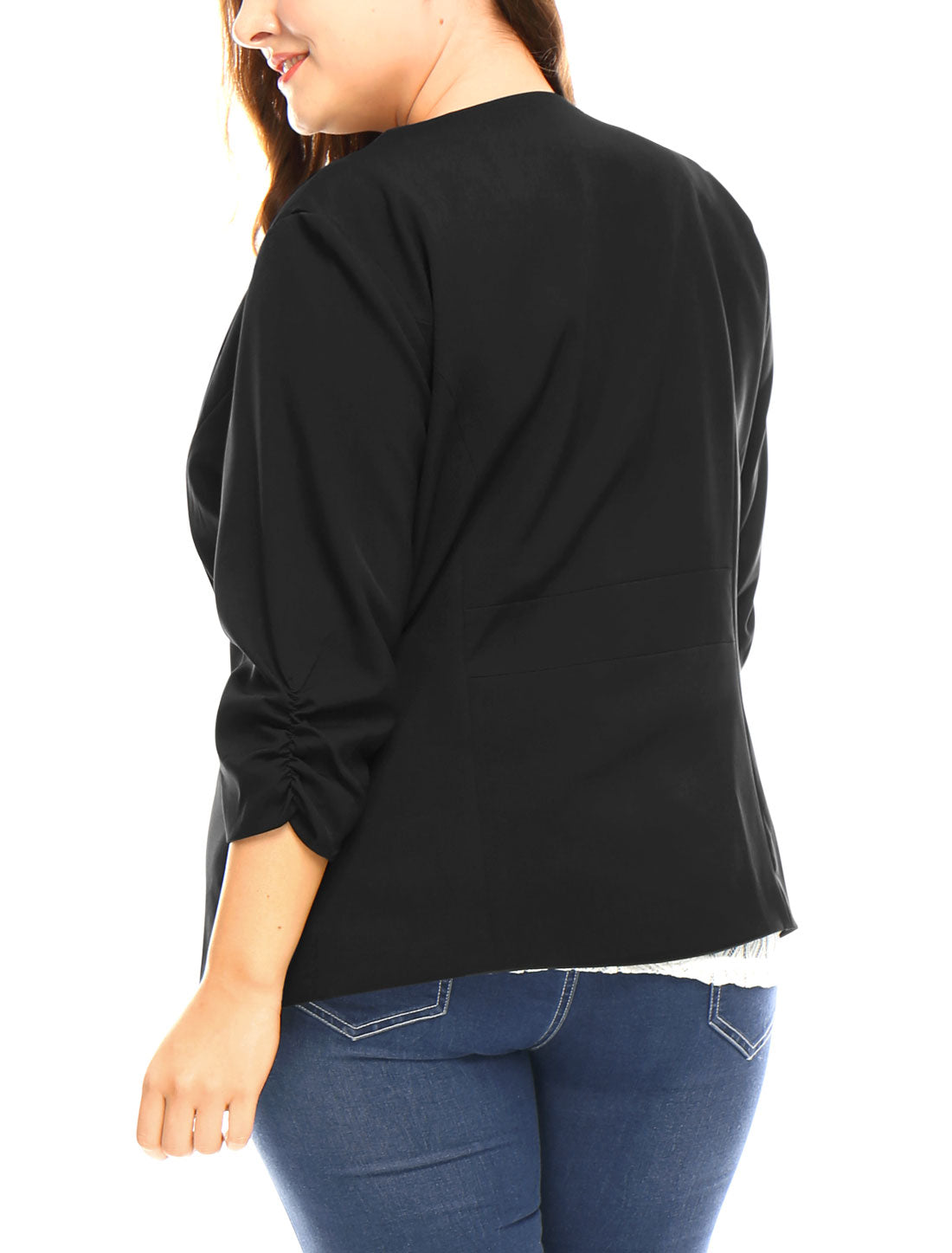 Women's Plus Size Shawl Collar Open Front 3/4 Ruched Sleeve Work Office Lightweight Blazer