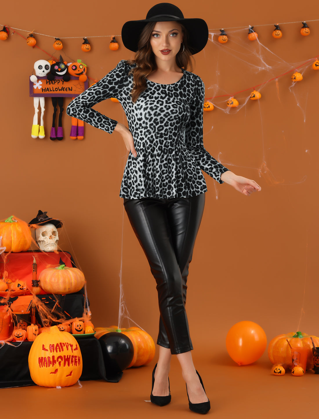 Women's Print Long Sleeve Ruffle Hem Scoop Neck Casual Peplum Top