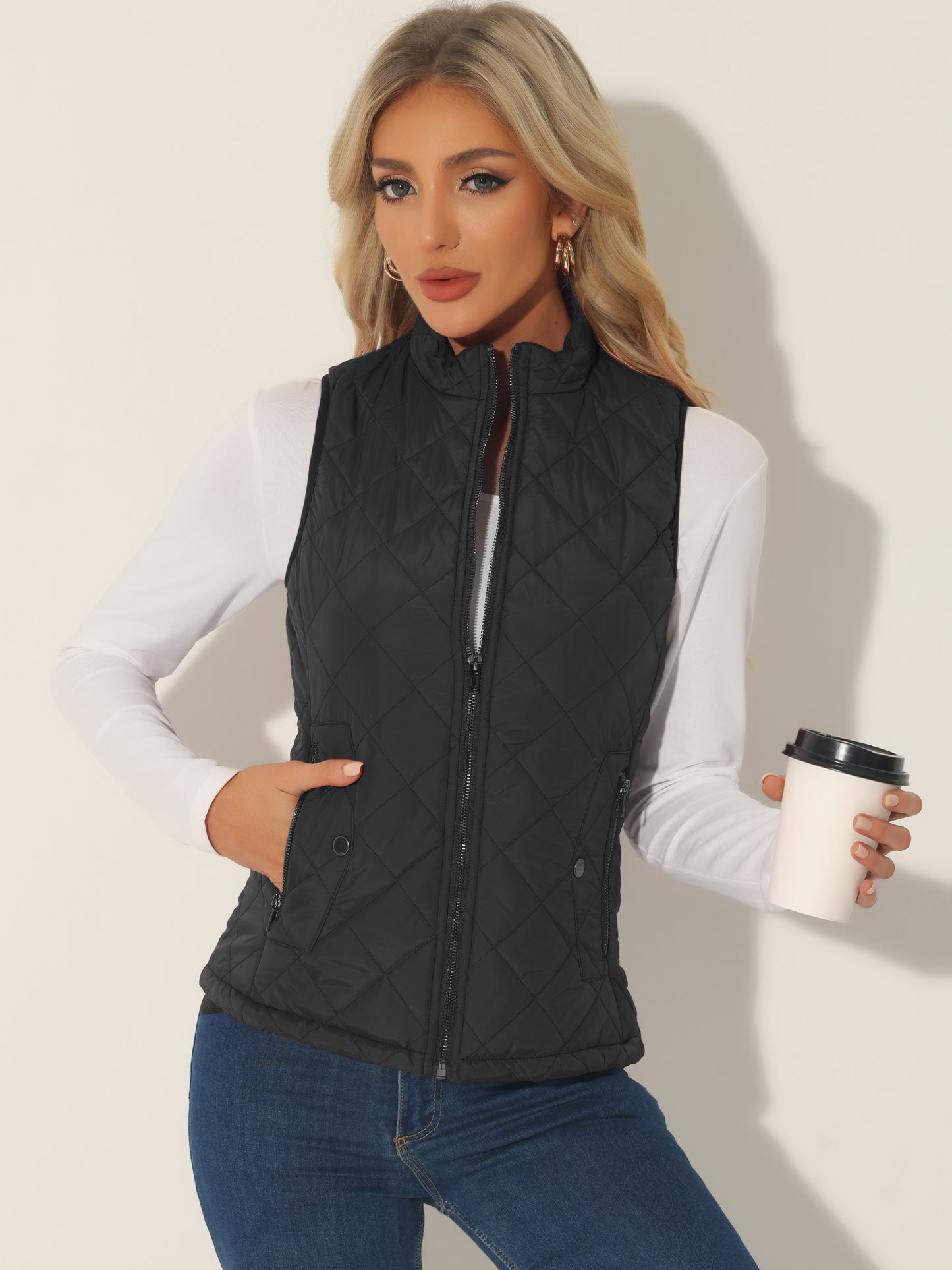 Woman Zip Up Front Stand Collar Slant Pockets Quilted Padded Vest (Available in Plus Size)