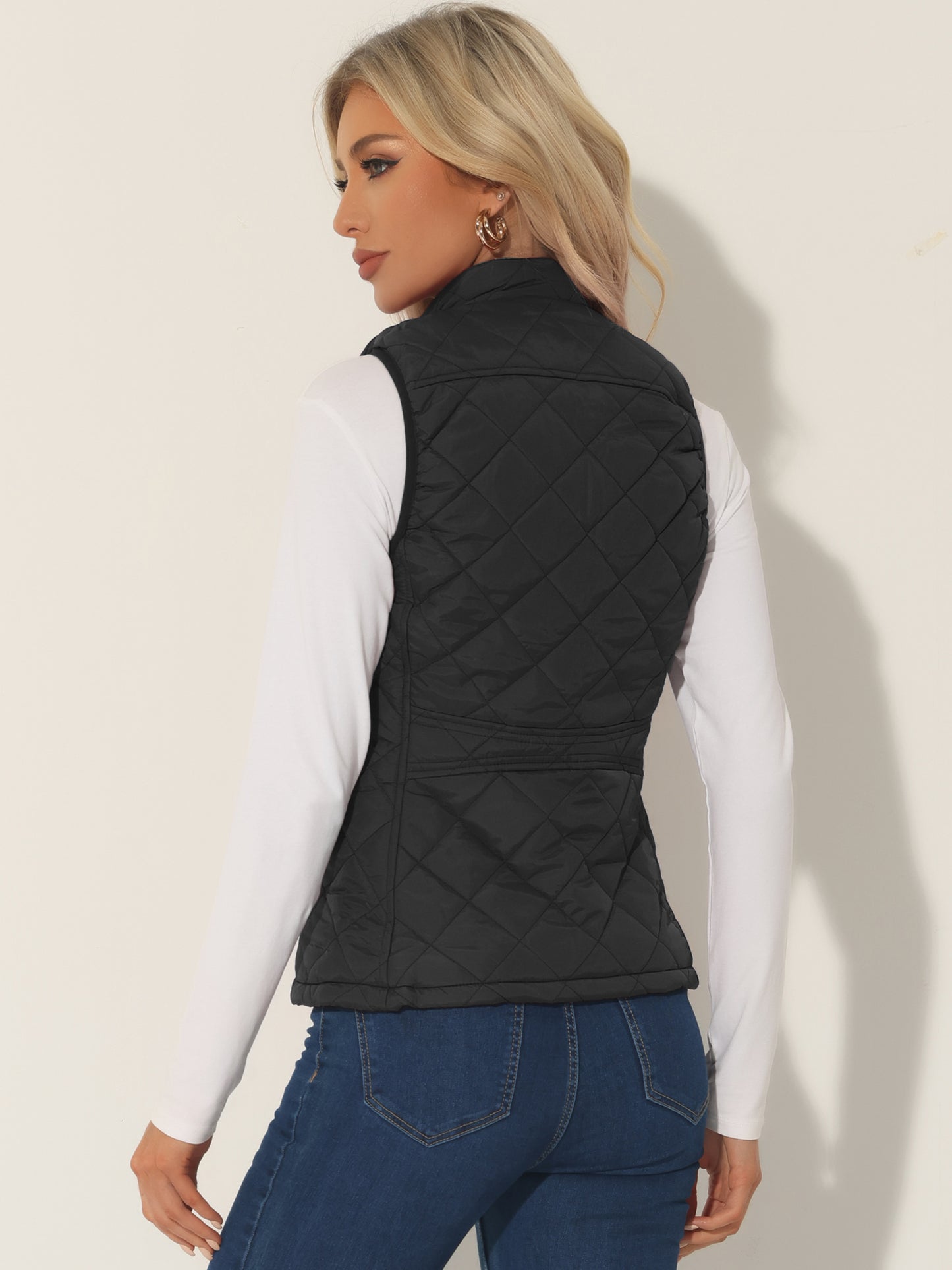 Woman Zip Up Front Stand Collar Slant Pockets Quilted Padded Vest (Available in Plus Size)