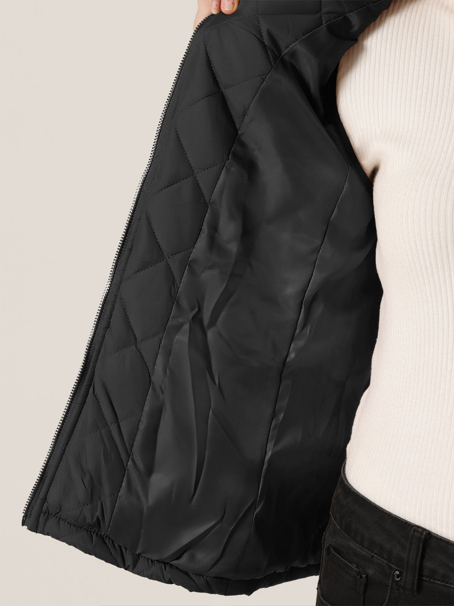 Woman Zip Up Front Stand Collar Slant Pockets Quilted Padded Vest (Available in Plus Size)