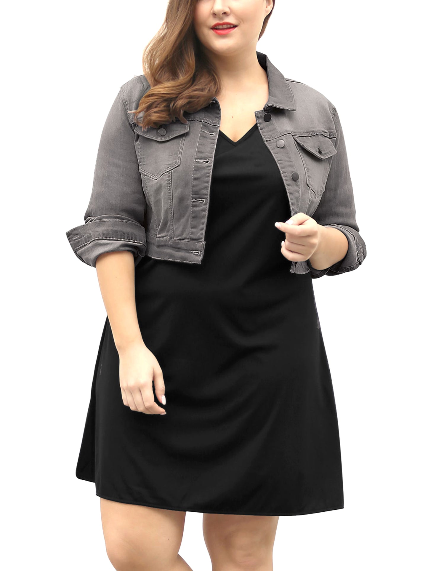 Women's Plus Size Button Closed Cropped Stitching Denim Jacket
