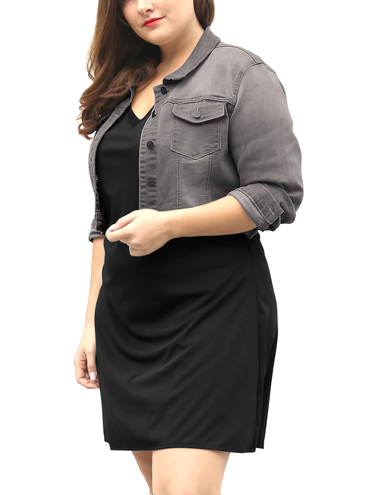 Women's Plus Size Button Closed Cropped Stitching Denim Jacket