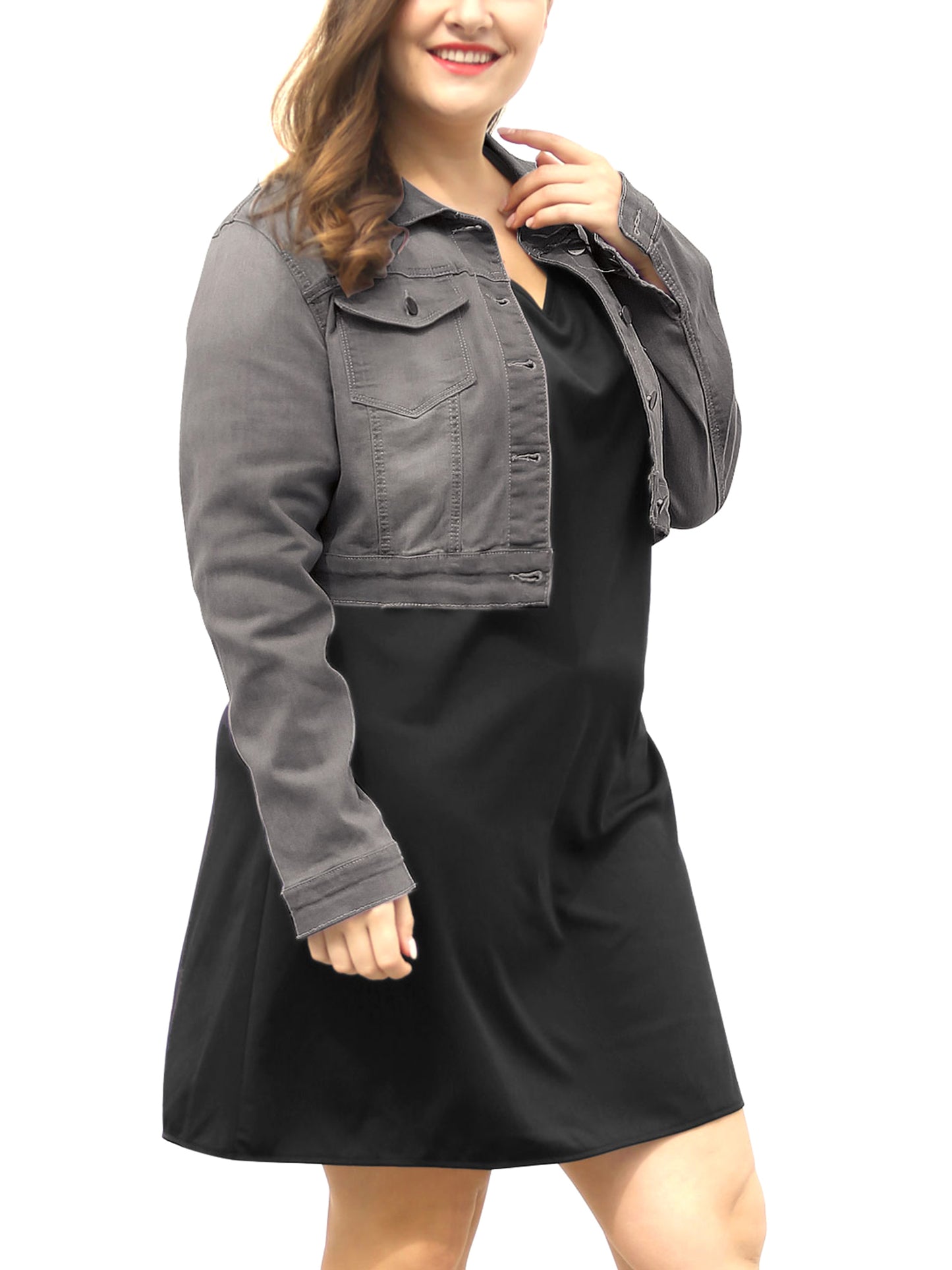 Women's Plus Size Button Closed Cropped Stitching Denim Jacket
