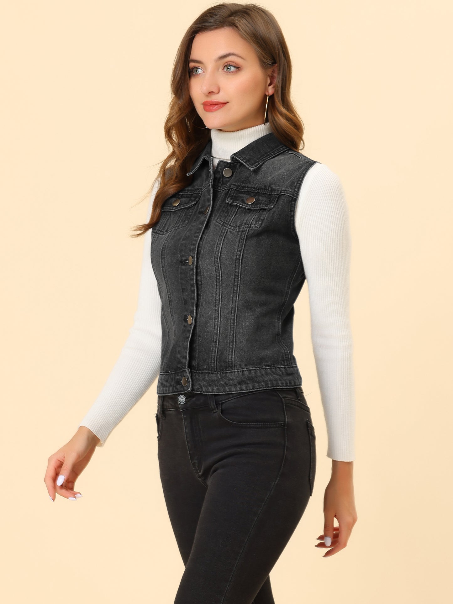 Women's Buttoned Washed Denim Vest Jacket W Chest Flap Pockets (Available in Plus Size)