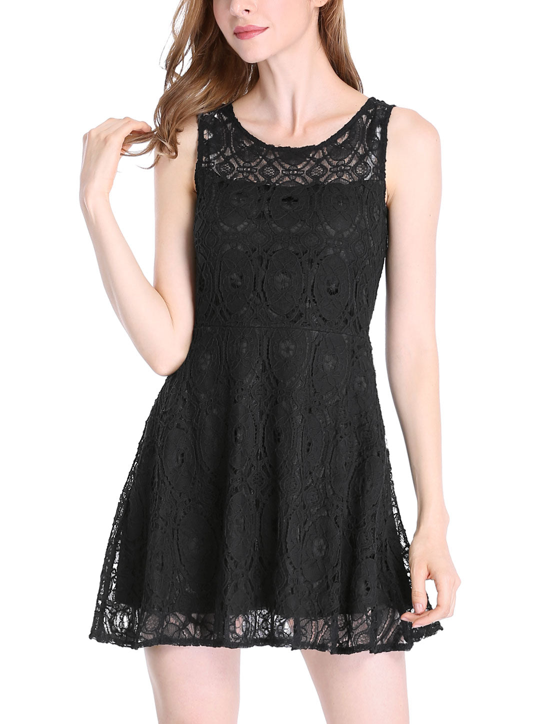 Women Sleeveless Bateau Neck Floral Lace Flare Dress