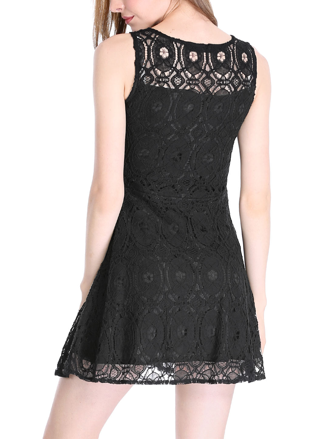 Women Sleeveless Bateau Neck Floral Lace Flare Dress