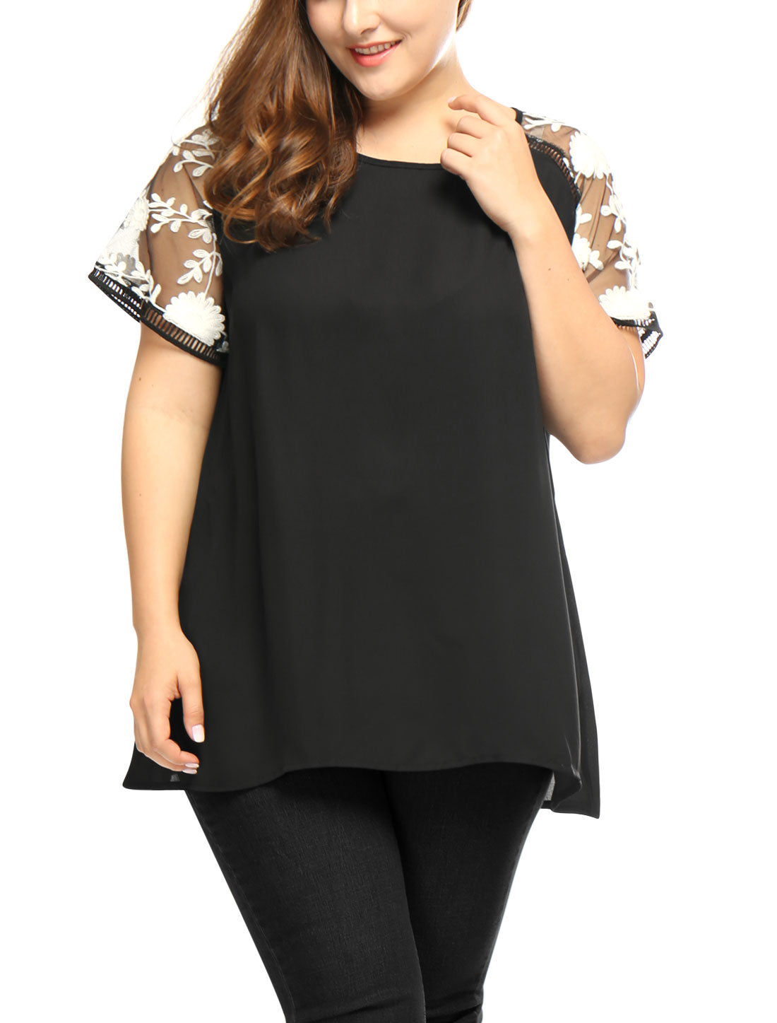 Women's Plus Size Sheer Tops Mesh Panel Crochet Raglan Sleeves Blouse