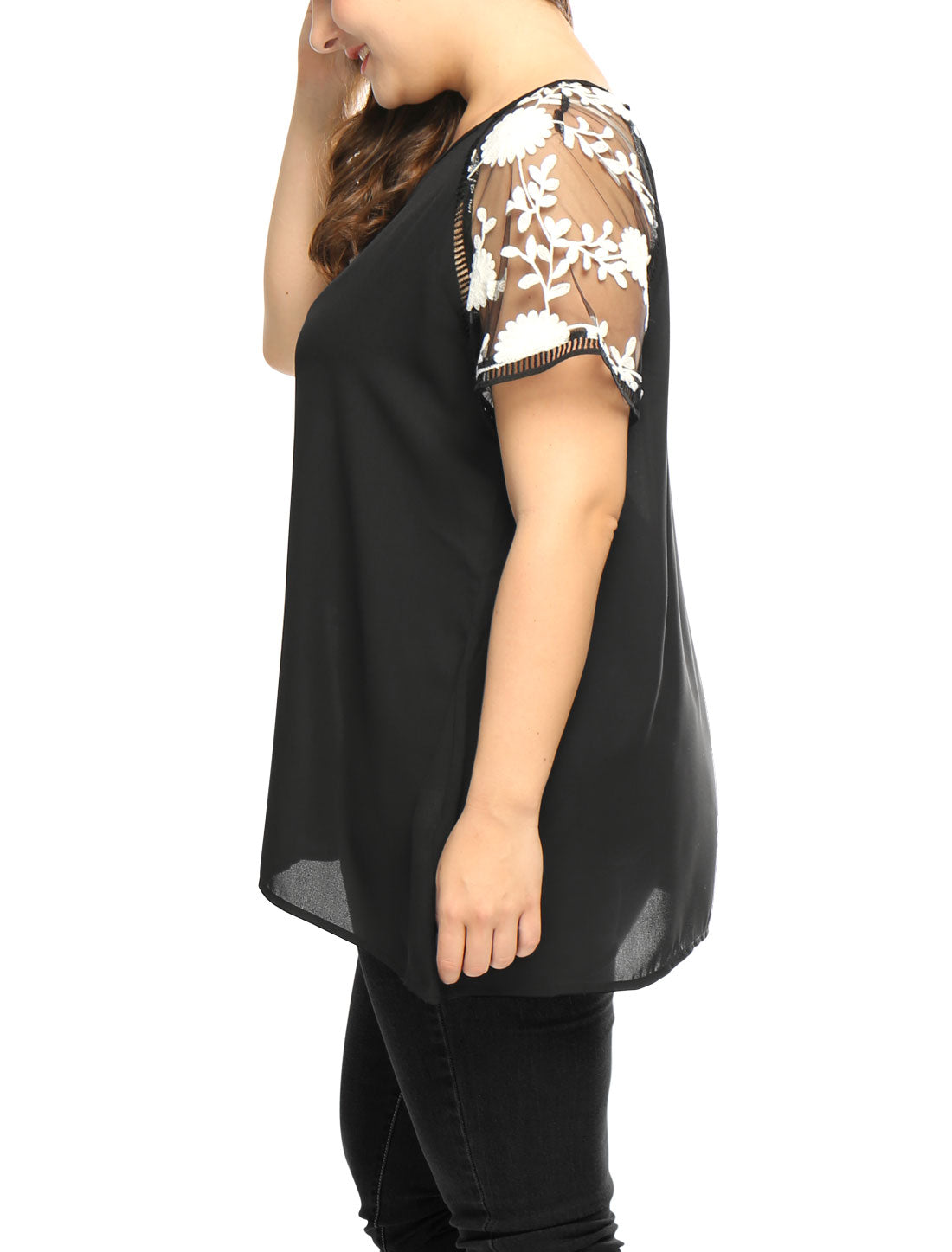 Women's Plus Size Sheer Tops Mesh Panel Crochet Raglan Sleeves Blouse