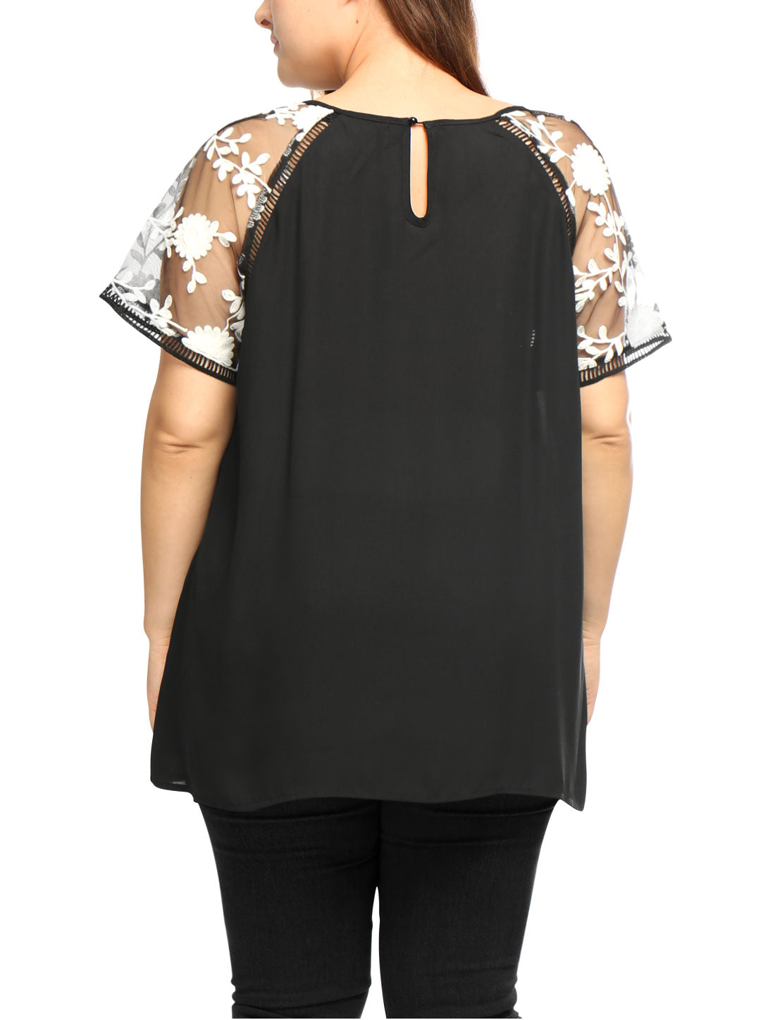 Women's Plus Size Sheer Tops Mesh Panel Crochet Raglan Sleeves Blouse