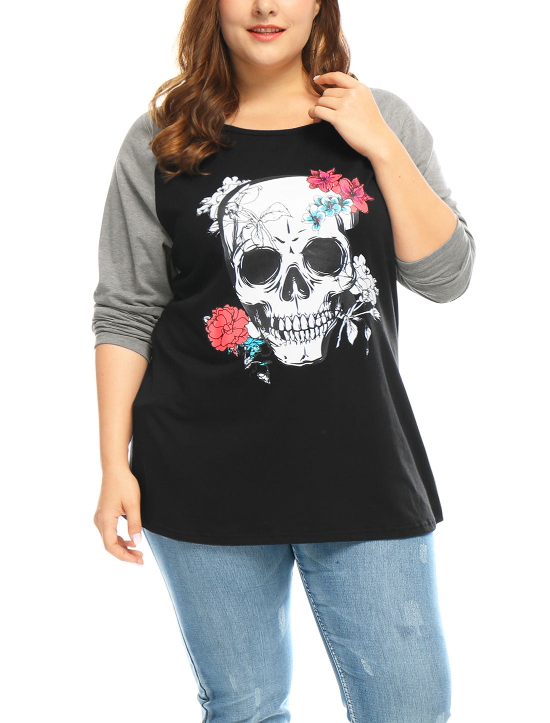 Women's Plus Size Tee T-Shirt Floral Skull Long Sleeve Tops Loose Tunic