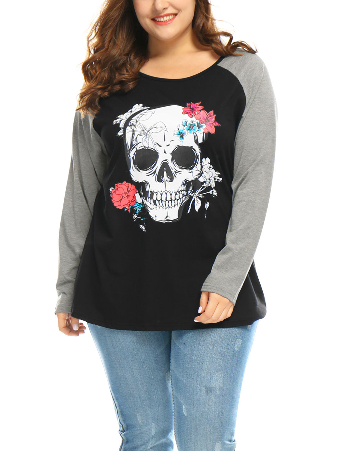 Women's Plus Size Tee T-Shirt Floral Skull Long Sleeve Tops Loose Tunic