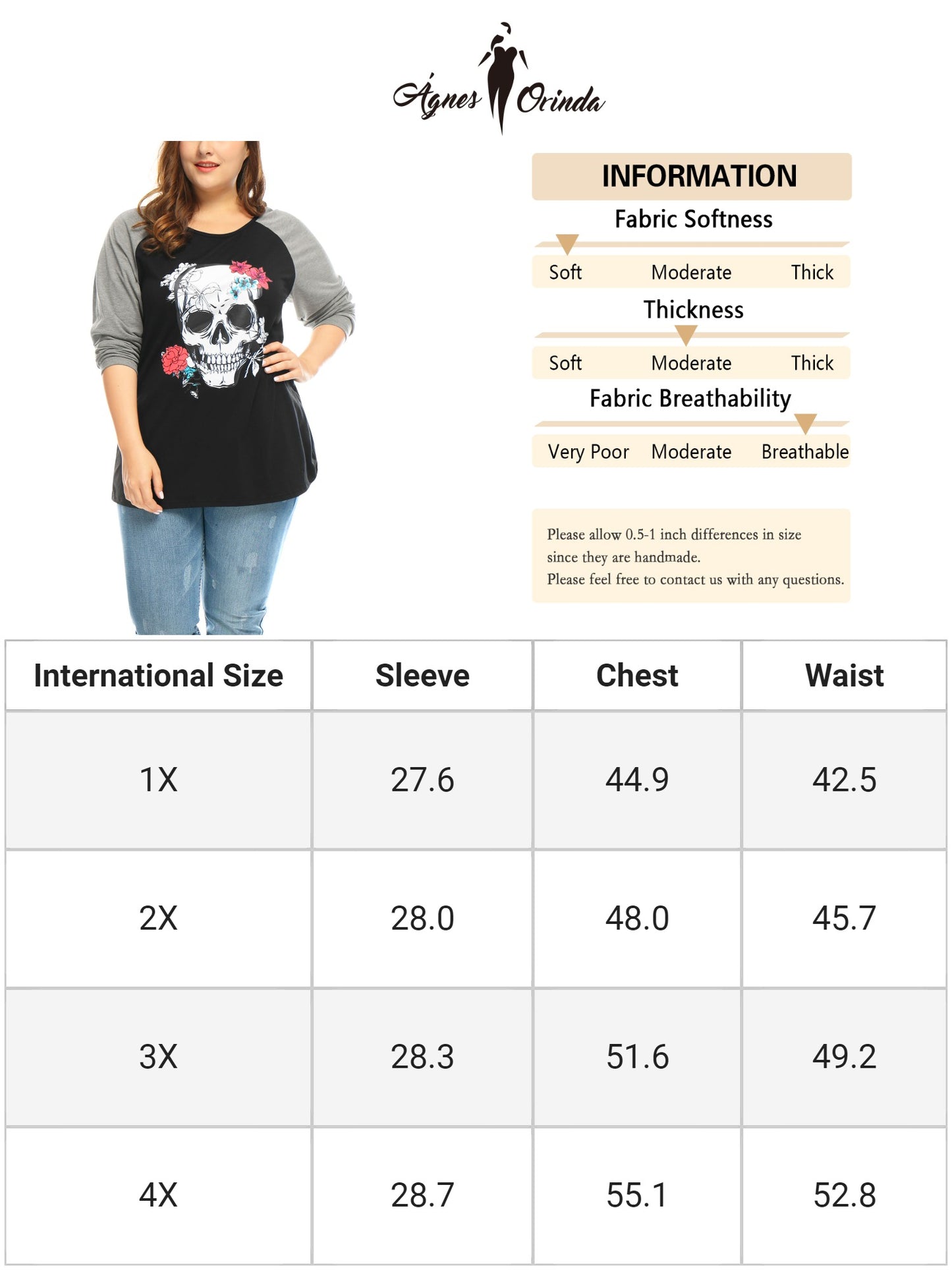 Women's Plus Size Tee T-Shirt Floral Skull Long Sleeve Tops Loose Tunic
