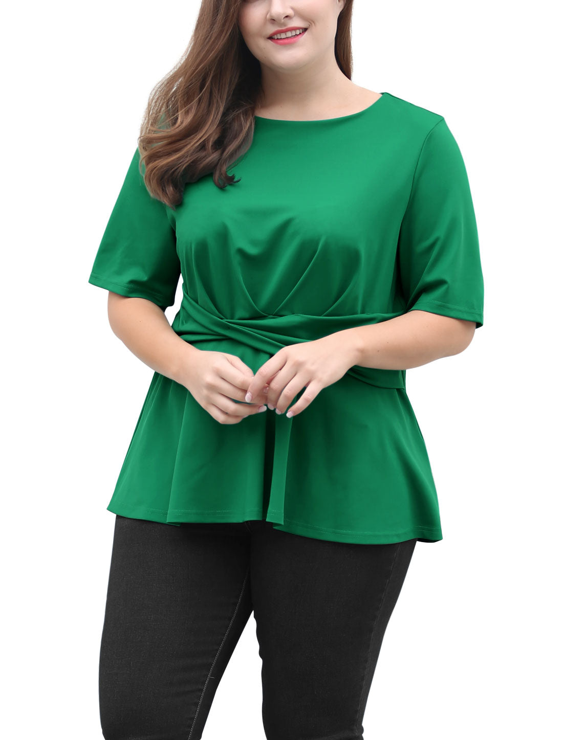 Women's Plus Size Short Sleeves Twisted Knot Front Peplum Top