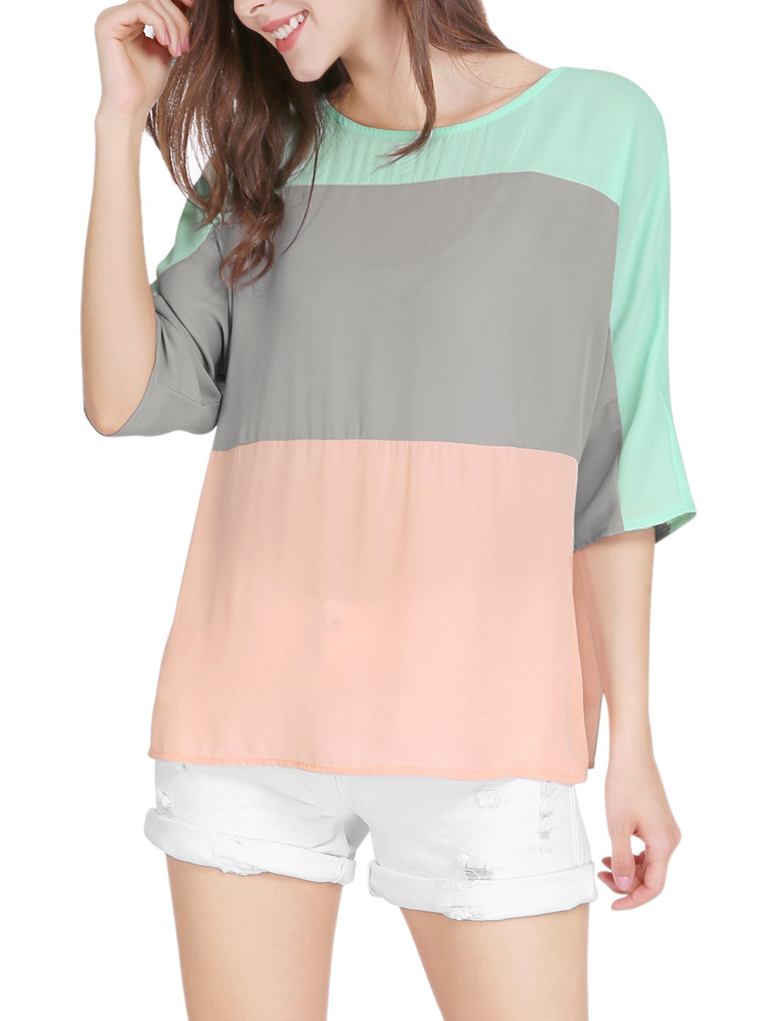 Women's Chiffon Top Half Batwing Sleeve Color Block Loose Tunic