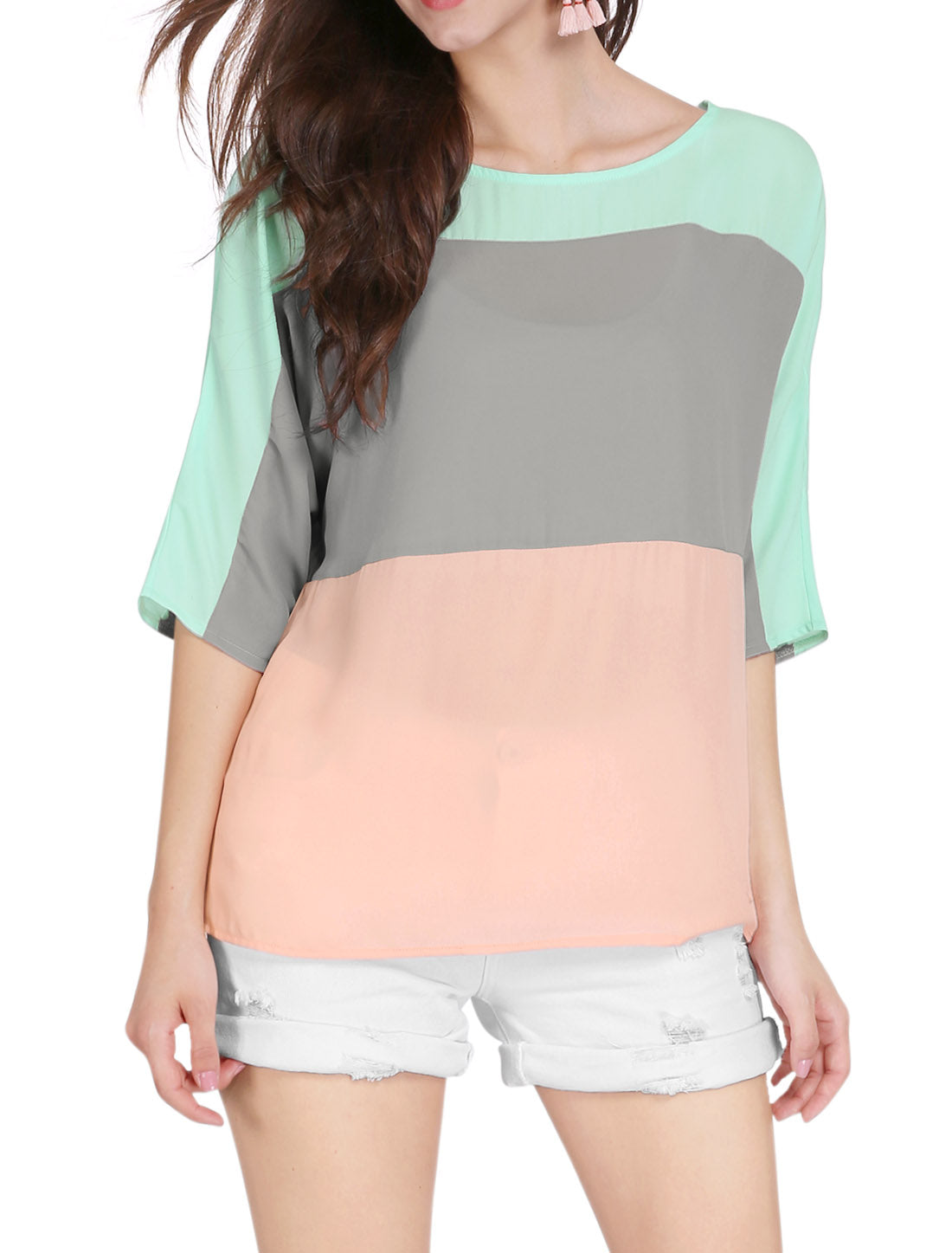 Women's Chiffon Top Half Batwing Sleeve Color Block Loose Tunic