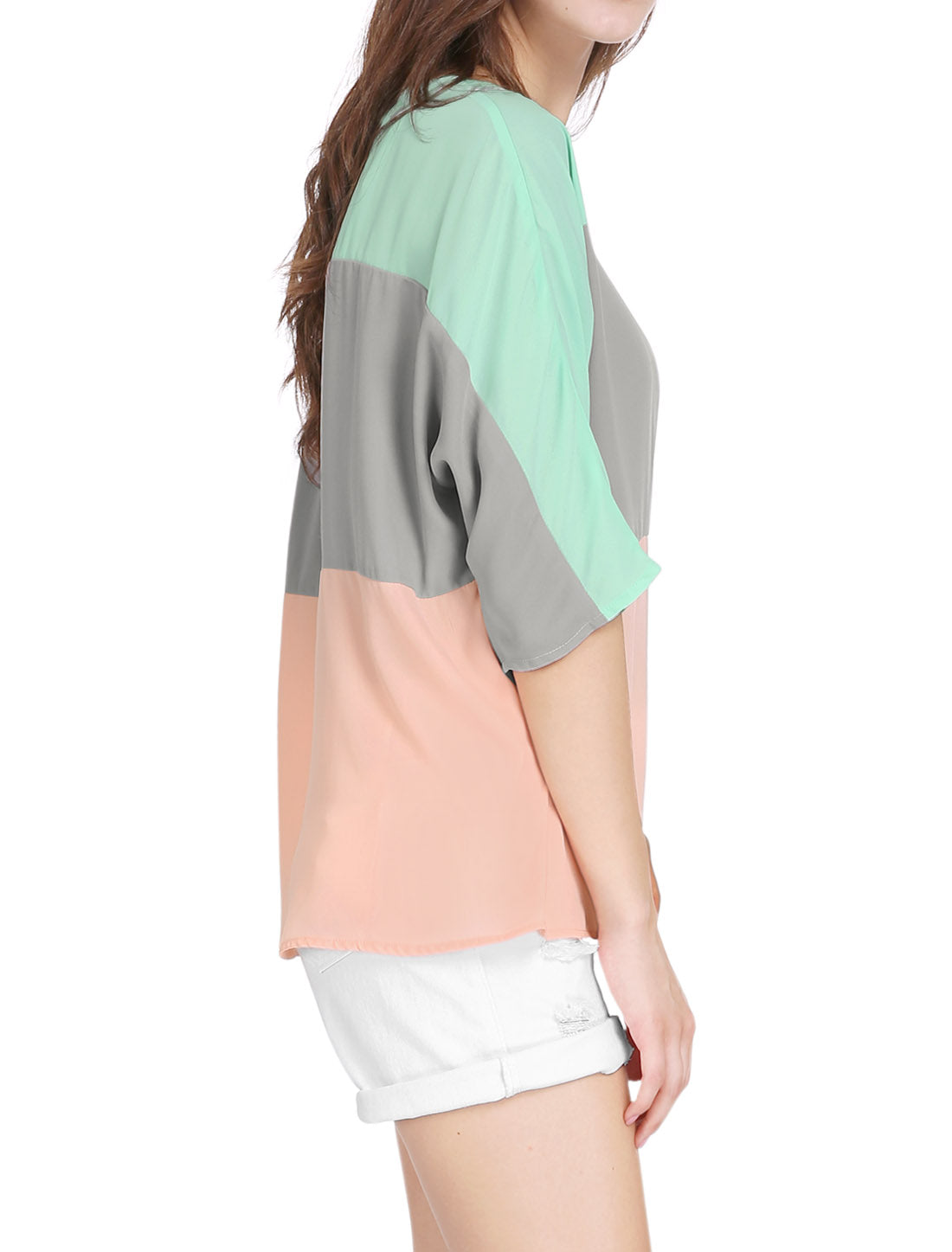 Women's Chiffon Top Half Batwing Sleeve Color Block Loose Tunic