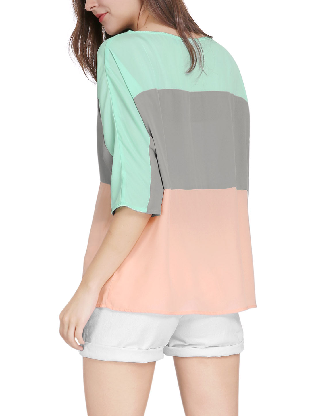 Women's Chiffon Top Half Batwing Sleeve Color Block Loose Tunic