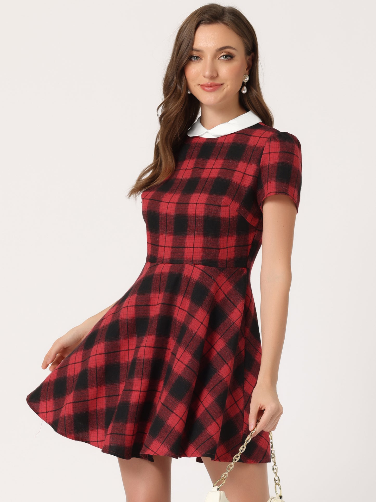 Women Plaids Contrast Peter Pan Collar Puff Sleeves Above Knee Dress