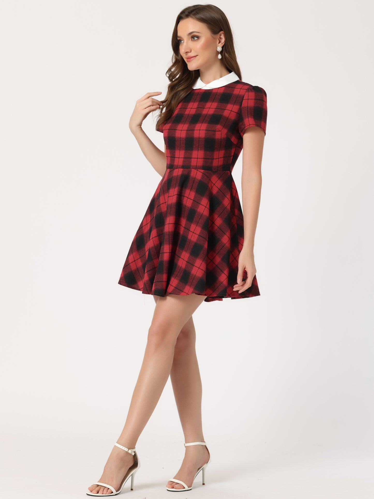 Women Plaids Contrast Peter Pan Collar Puff Sleeves Above Knee Dress