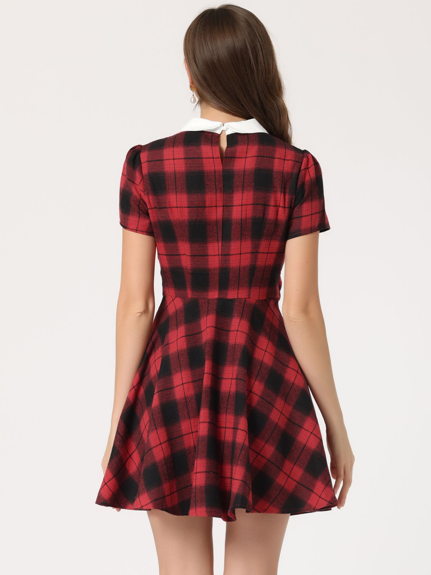 Women Plaids Contrast Peter Pan Collar Puff Sleeves Above Knee Dress