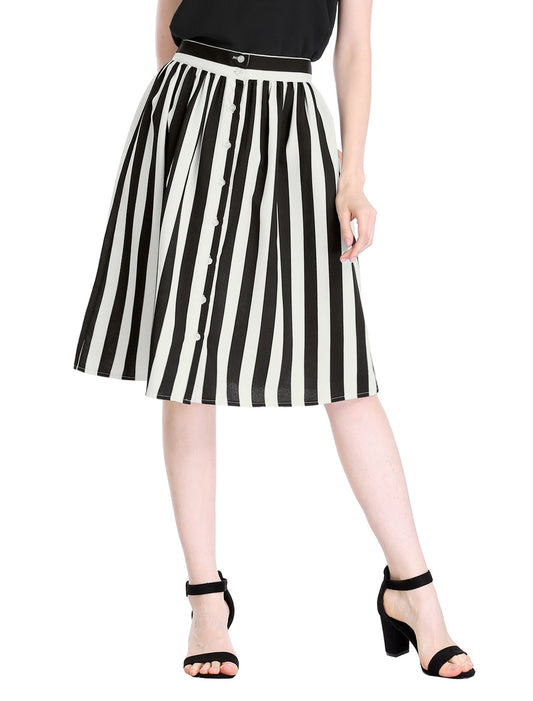 Falda midi acampanada con botones a rayas y cintura elástica en la espalda para mujer (disponible en talla grande)